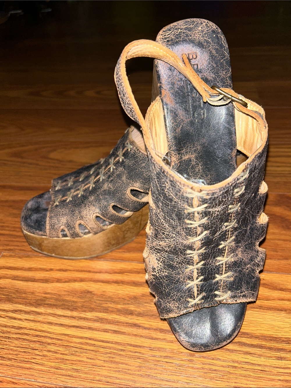 BedStu Fontella Black Lux Boho Distressed Leather Wooden Block Platform Size 9